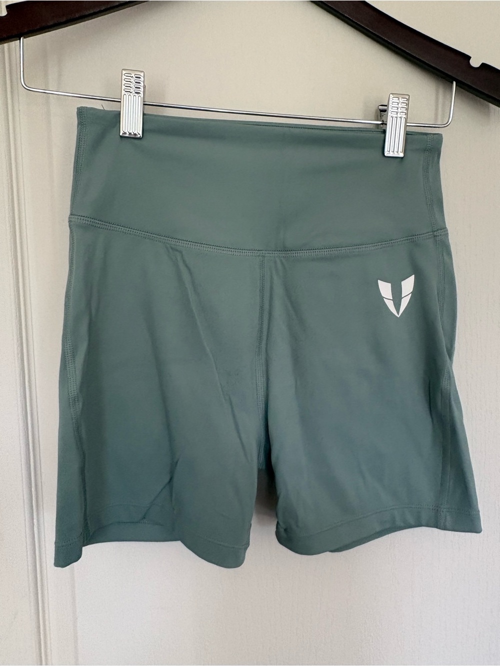 High-Rise Athletic Shorts in Sage Green with Logo